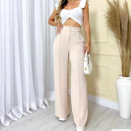 Calça Feminina Pantalona Wide Leg "Duna" com Botão