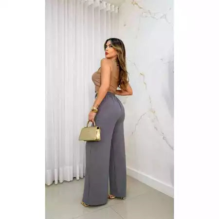Calça Feminina Pantalona Wide Leg "Duna" com Botão
