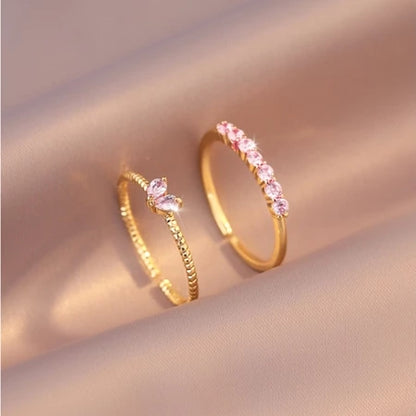 Conjunto de Anéis de Coração com Zircônia – 2 Peças Ajustáveis em Ouro e Prata