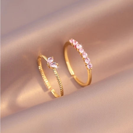 Conjunto de Anéis de Coração com Zircônia – 2 Peças Ajustáveis em Ouro e Prata